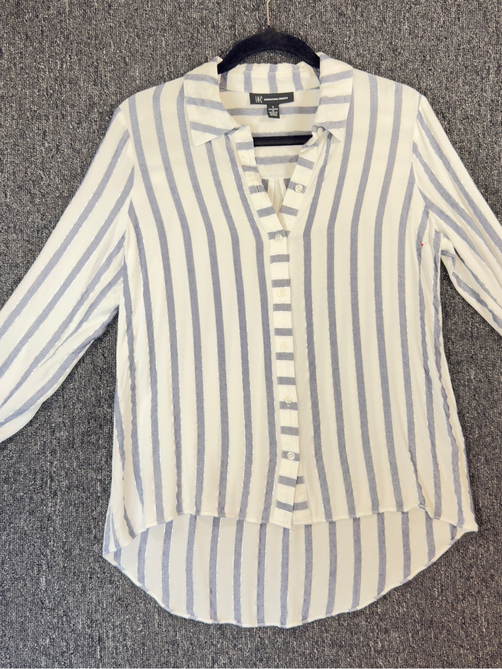 Vertical Stripe Button-Up Shirt in White, Gray & Metalic